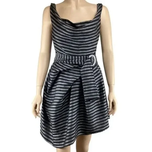 C/MEO Collective Blinded Sleeveless Striped Belted Mini Dress Black XXS NEW Chic - Picture 1 of 8